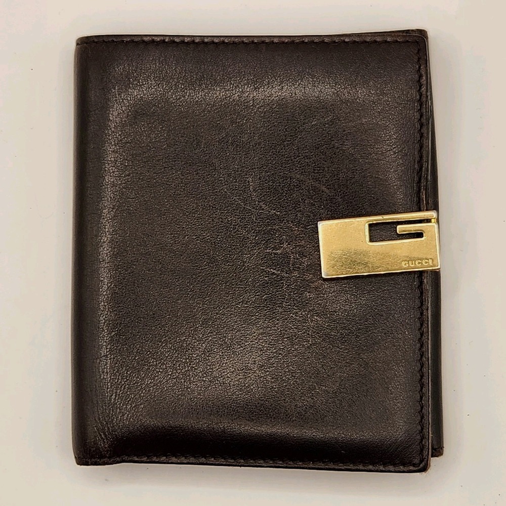 Authentic GUCCI Leather Bi-Fold Wallet Dark Brown Vintage G-Logo Gold Italy